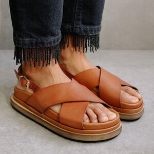 ALOHAS Cognac Crisscross Leather Platform Sandals
